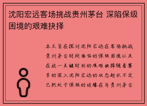 沈阳宏远客场挑战贵州茅台 深陷保级困境的艰难抉择