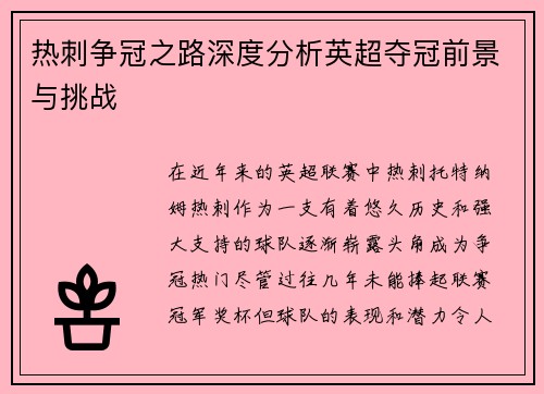 热刺争冠之路深度分析英超夺冠前景与挑战