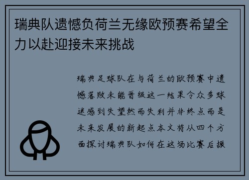 瑞典队遗憾负荷兰无缘欧预赛希望全力以赴迎接未来挑战