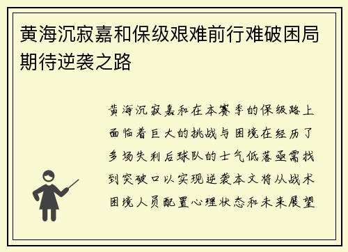 黄海沉寂嘉和保级艰难前行难破困局期待逆袭之路